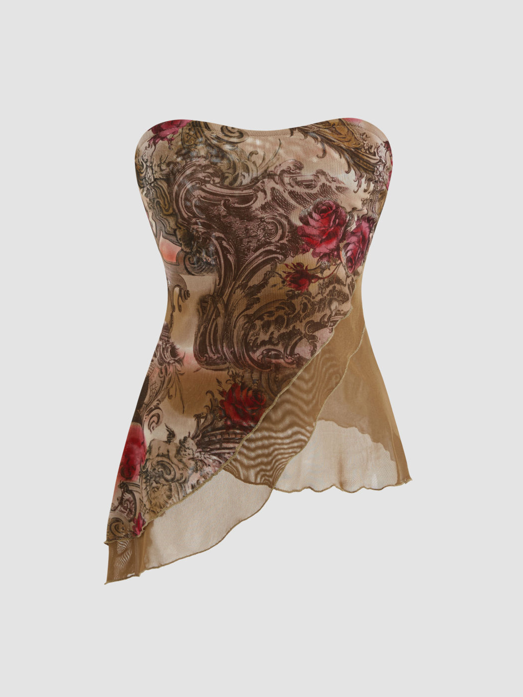 Floral Graphic Mesh Asymmetrical Hem Bandeau Top