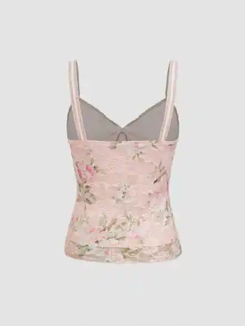 Herzförmiges Spitzen-Blumen-Cami-Top mit Salatrand und Schleife