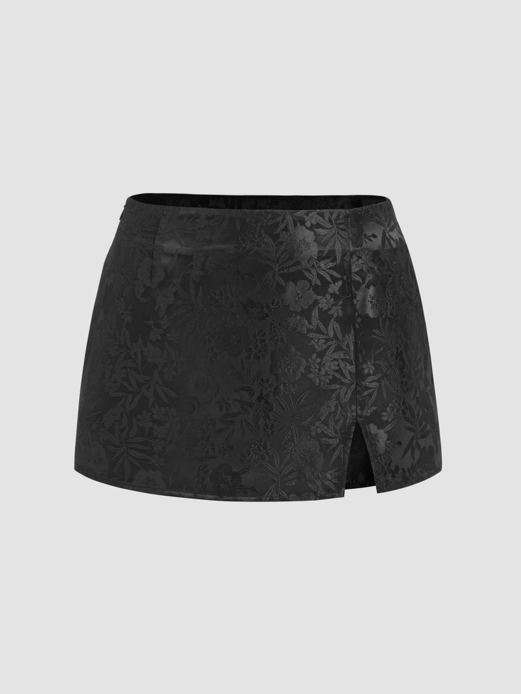Satin Low Rise Floral Jacquard Split Mini Skirt