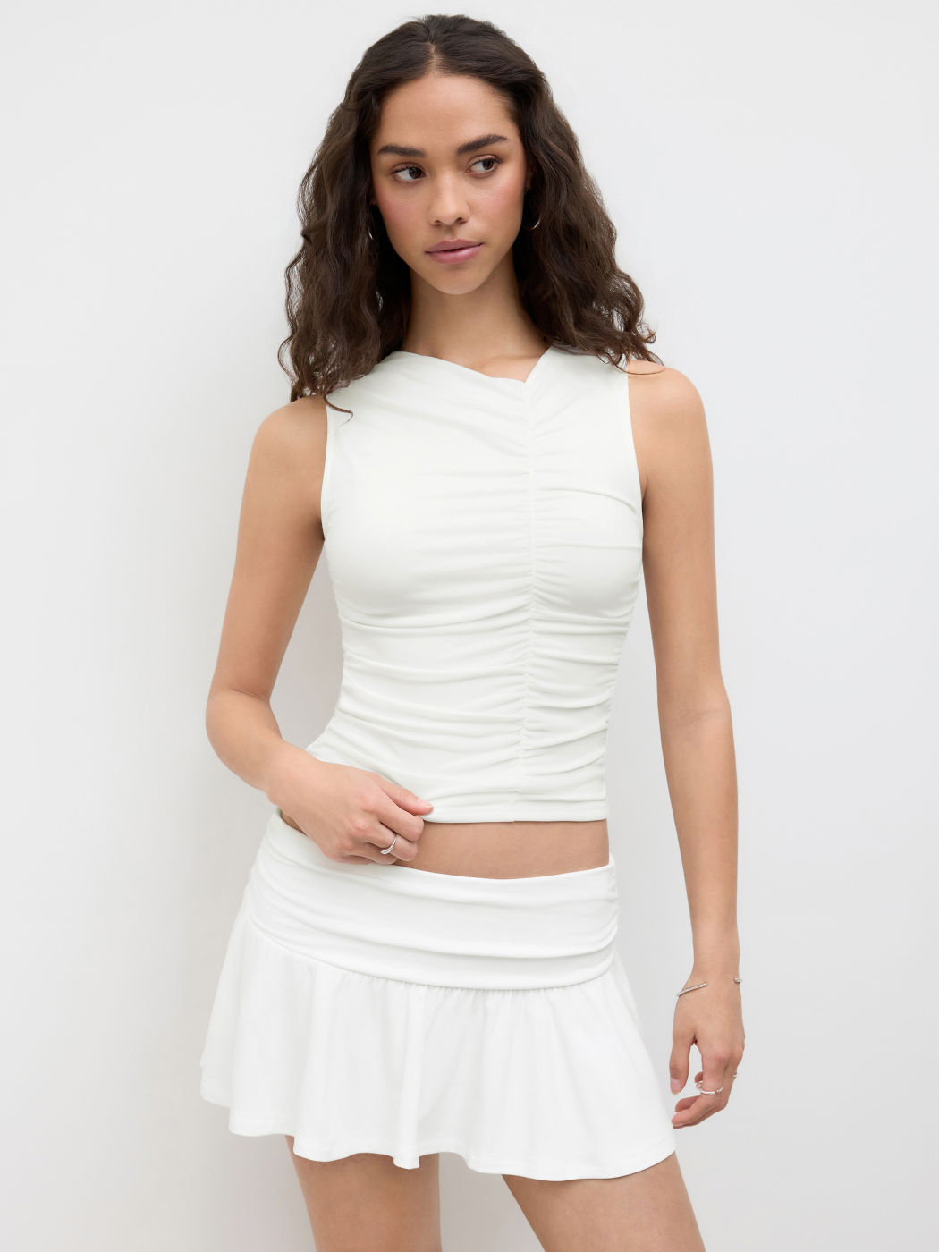  CDR Asymmetrical Neck Ruched Tank Top