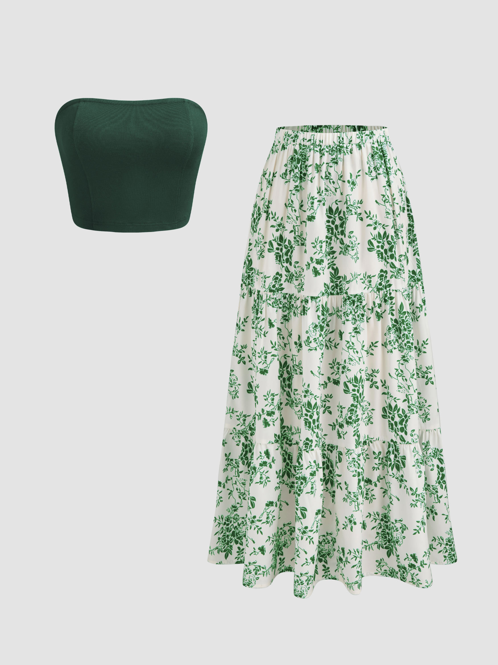 Solid Crop Tube Top & Mid Rise Floral Ruffle Tiered Maxi Skirt Set
