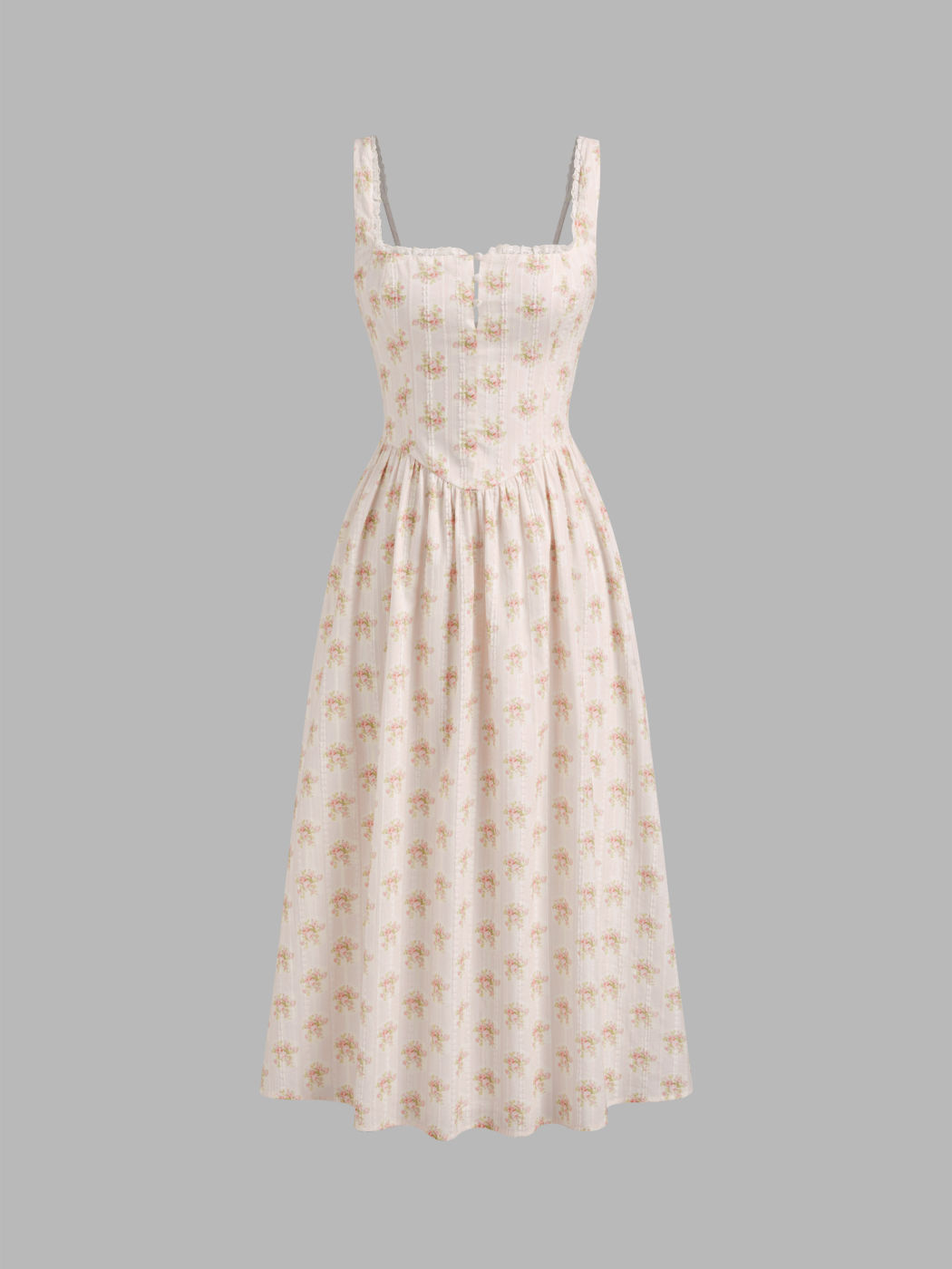 Cotton Square Neck Ditsy Floral Lace Up Maxi Dress