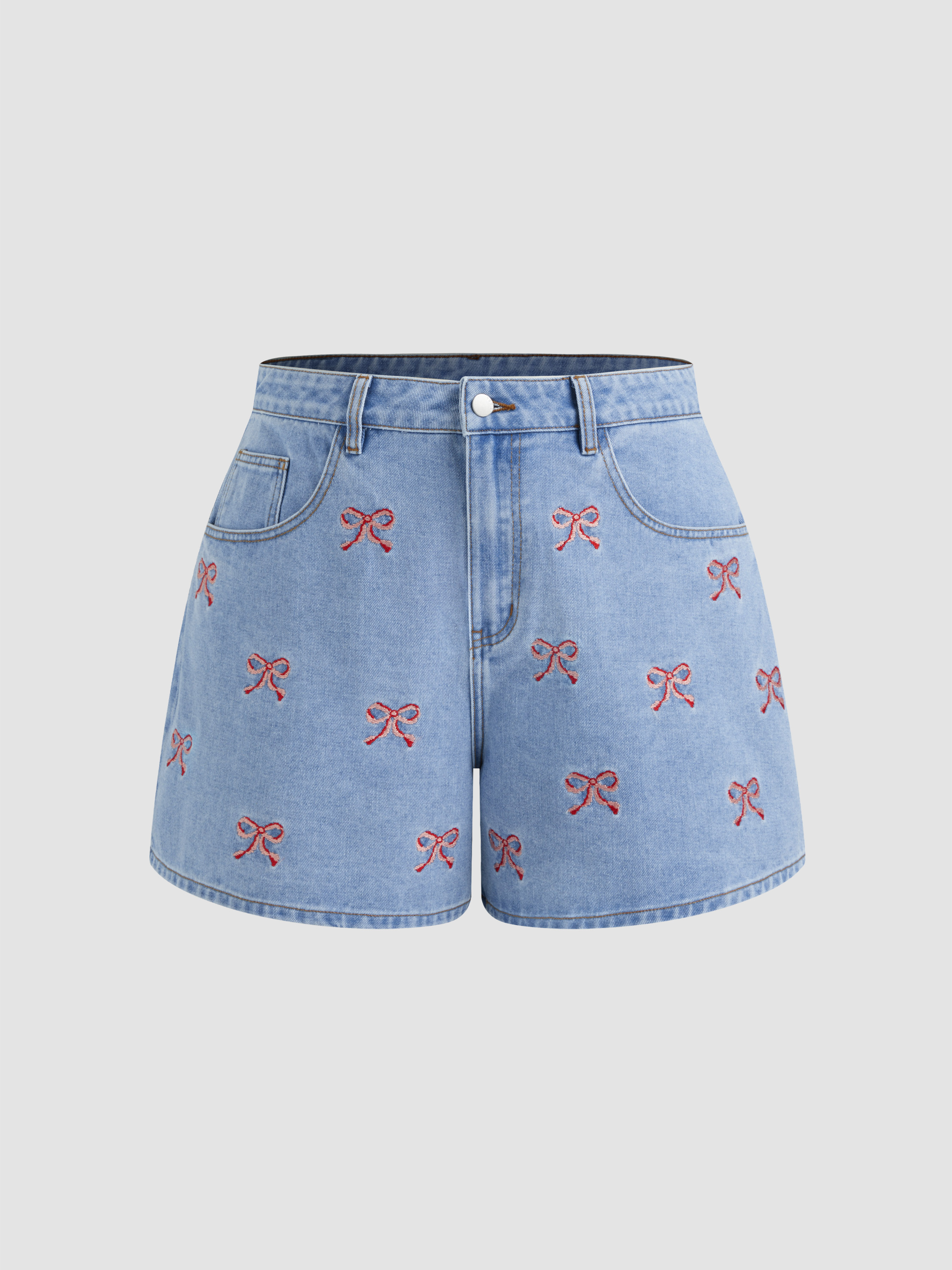 ≪Cider≫\tデニム ミッドライズ リボンショートパンツ デニム Cider Denim Mid Rise Cherry Embroidery Shorts Curve