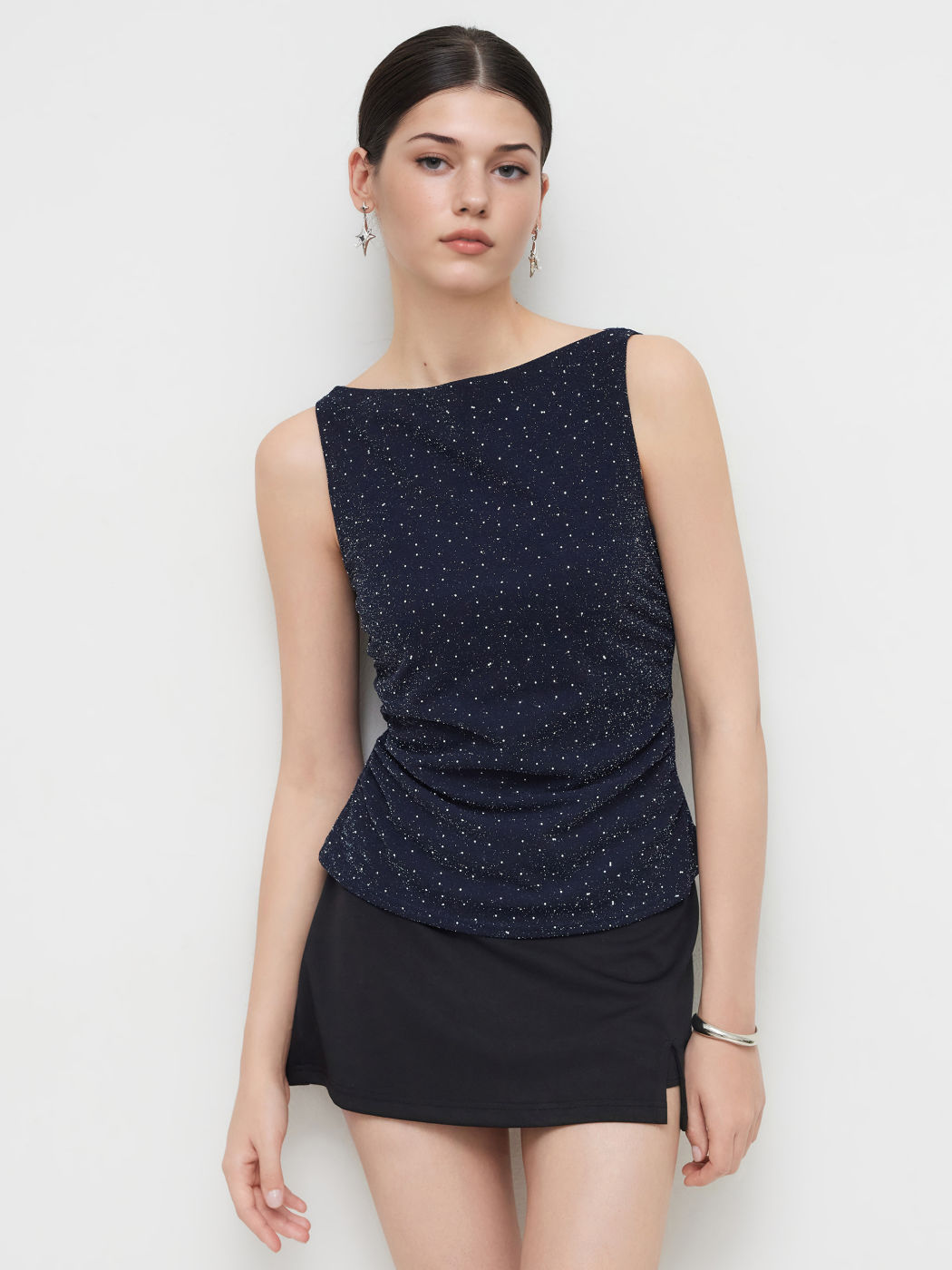 Boat Neck Rhinestone Knotted Tank Top