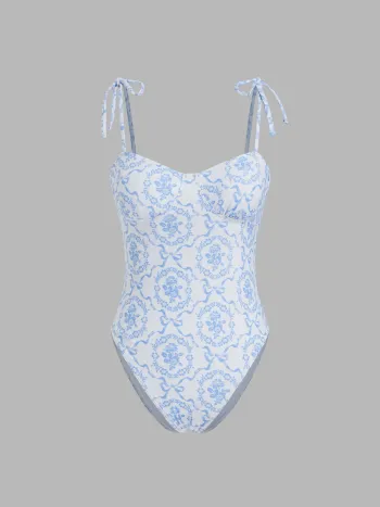 Shaping V-neck Floral Knotted One Piece Swimsuit