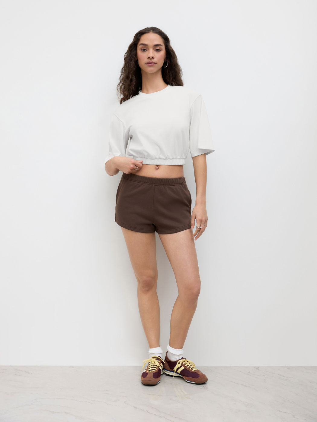 CDR Cotton-blend Round Neckline Elastic Waist Crop Tee