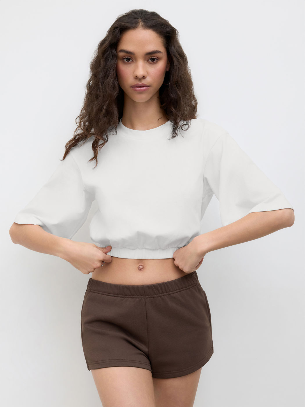 CDR Cotton-blend Round Neckline Elastic Waist Crop Tee