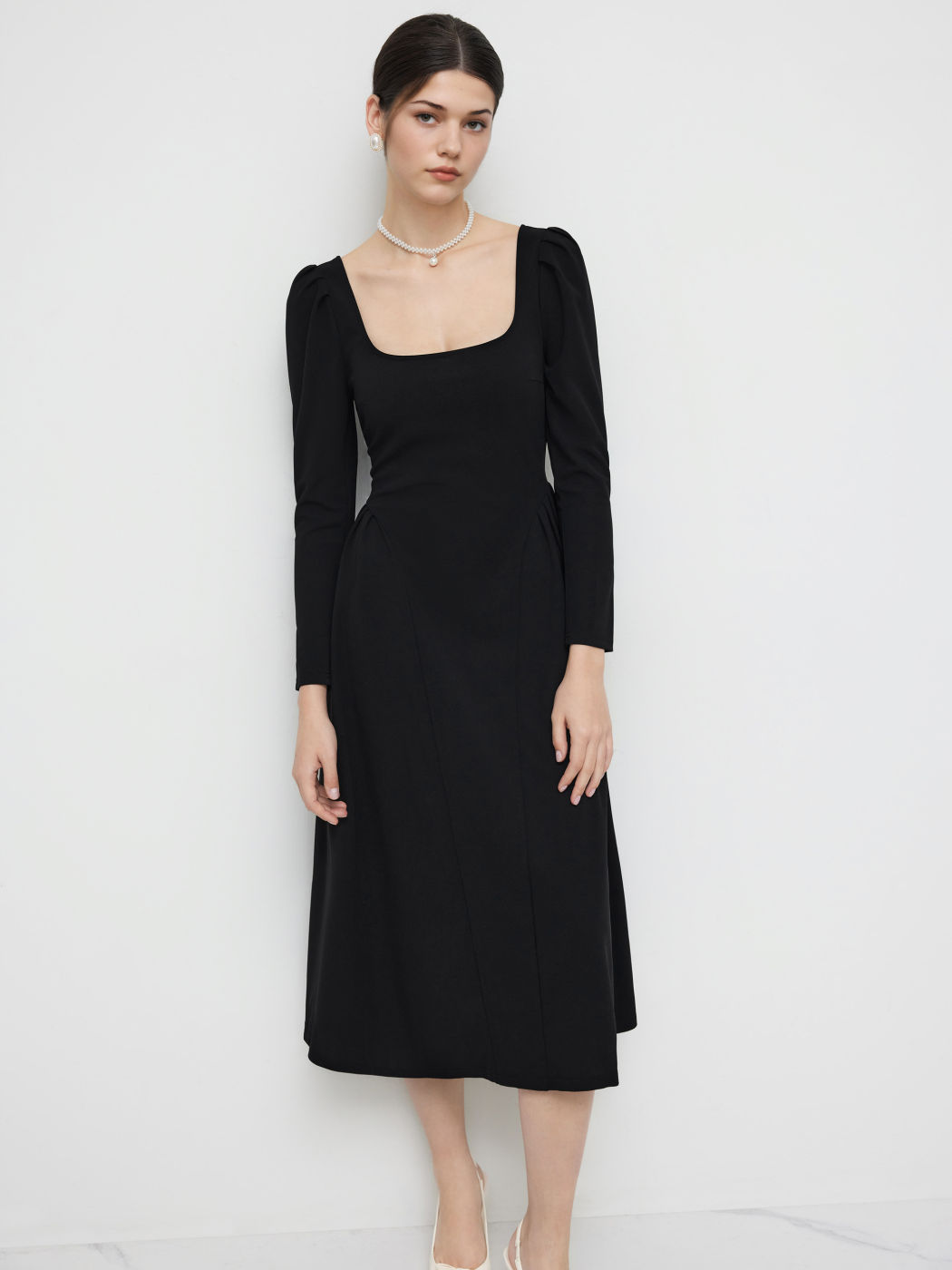 Square Neck Solid Ruffle Zipper Long Sleeve Midi Dress