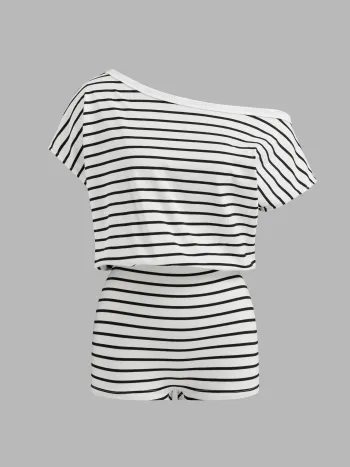 Cotton-blend Asymmetrical Neck Stripe Micro Lounge Romper