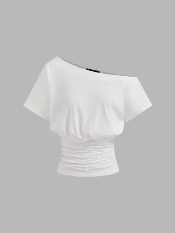 Baumwollmischung Asymmetrischer Hals Rüschiges T-Shirt