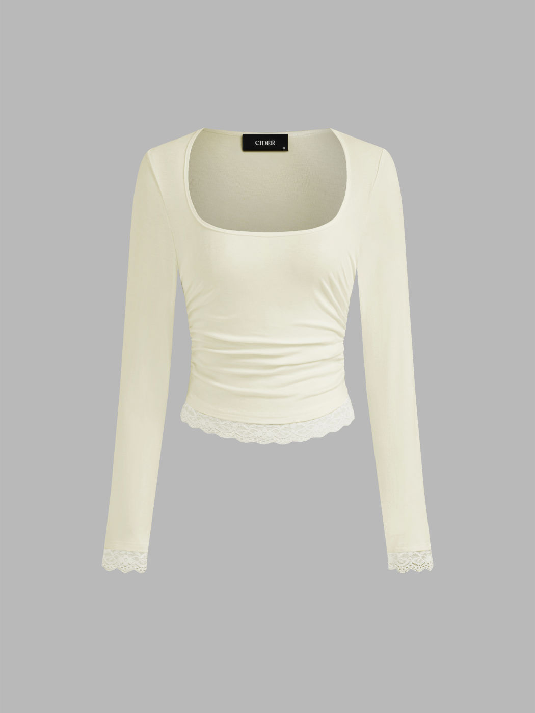 Square Neck Solid Lace Trim Ruched Long Sleeve Tee