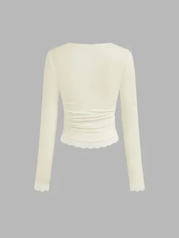 Square Neck Solid Lace Trim Ruched Long Sleeve Tee