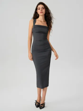 Halter Neckline Ruched Cut Out Back Maxi Dress
