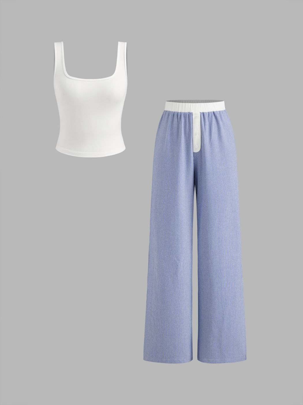 Square Neck Crop Tank Top & Mid Rise Stripe Contrasting Binding Wide Leg Trousers Loungewear Set