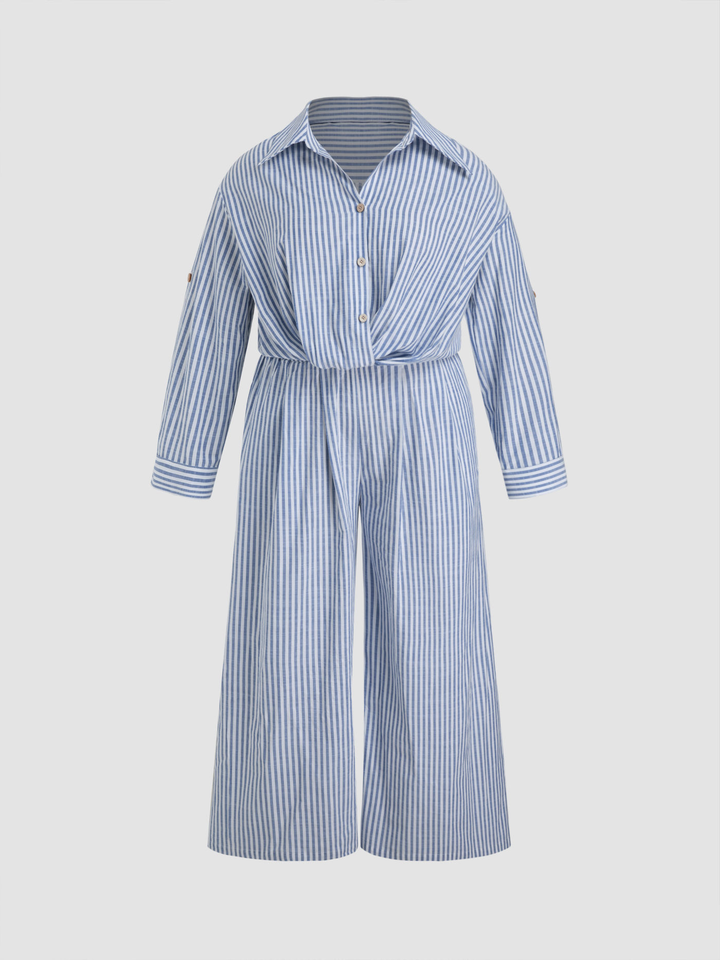 Cotton-blend Collar Striped Knotted Roll-up Sleeve Jumpsuit Curve & Plus