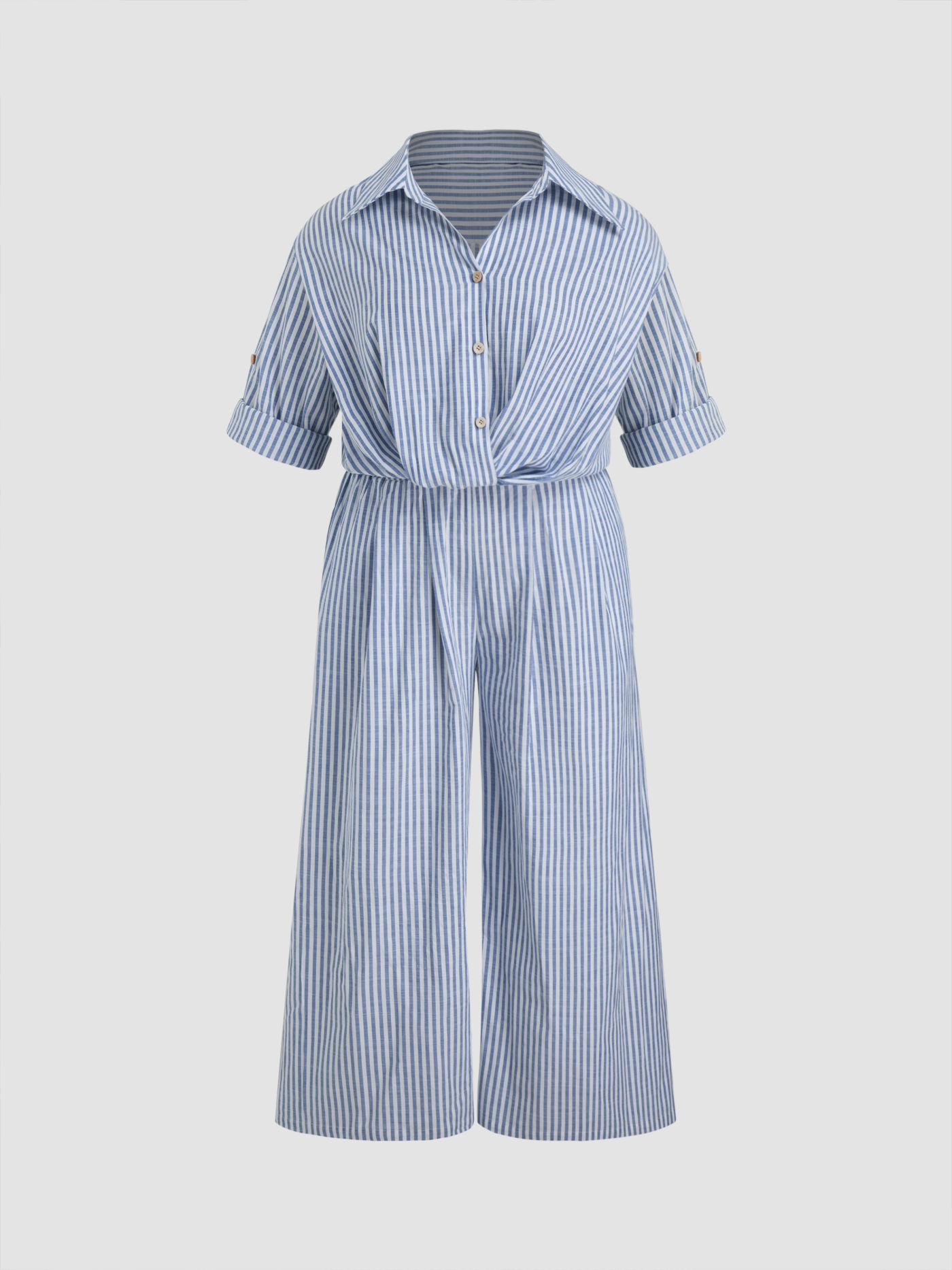 Cotton-blend Collar Striped Knotted Roll-up Sleeve Jumpsuit Curve & Plus