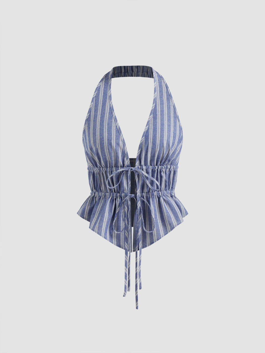 Cotton-blend Halter Neckline Stripe Tie Front Shirred Top &  Mid Rise Shorts Set