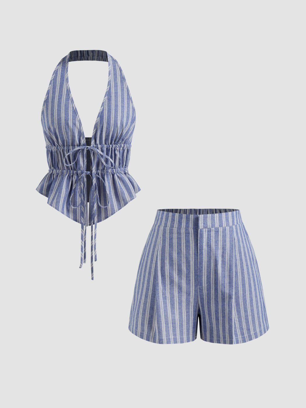 Cotton-blend Halter Neckline Stripe Tie Front Shirred Top &  Mid Rise Shorts Set