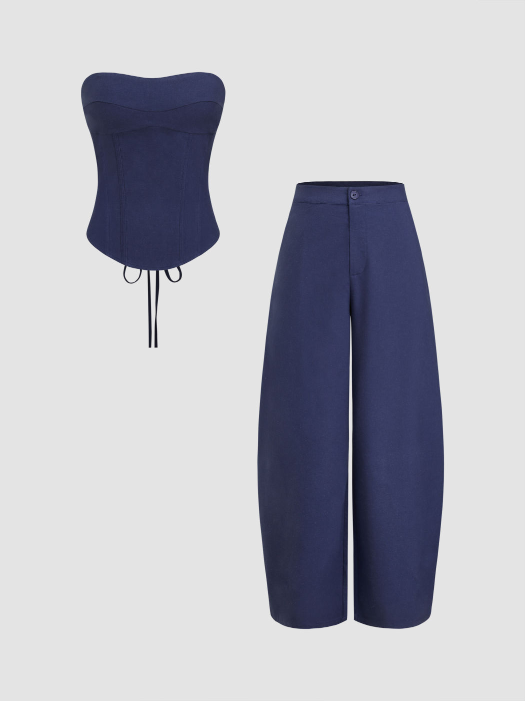 Linen-blend Lace Up Bandeau Top & Mid Rise Barrel-leg Trousers Set