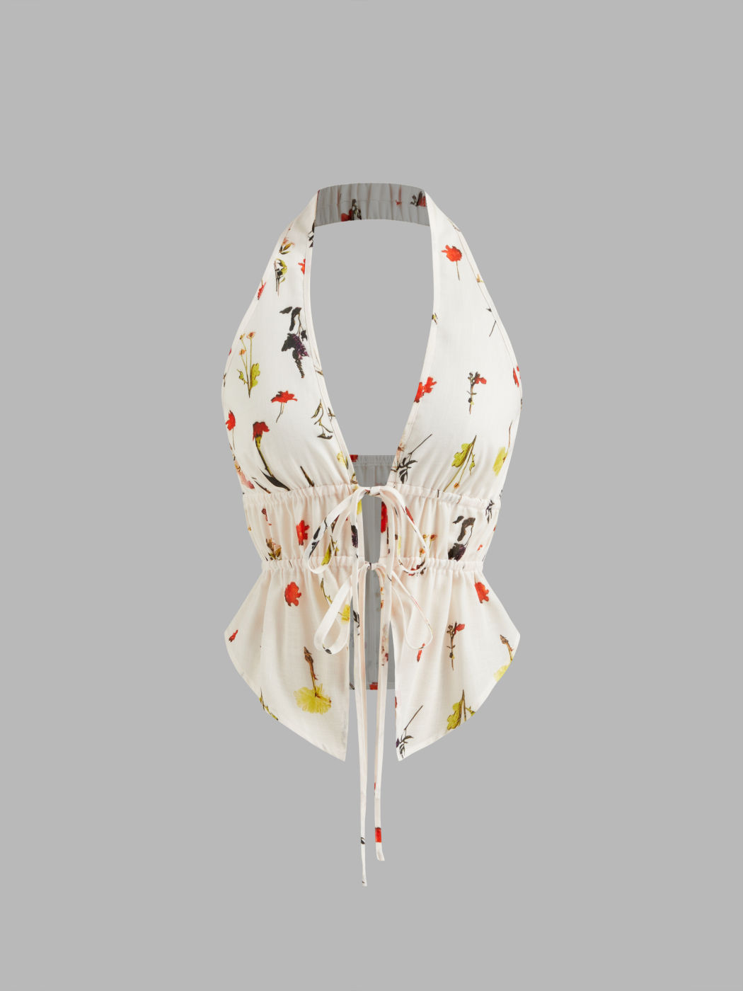 Halter Neckline Floral Tie Front Bow Top