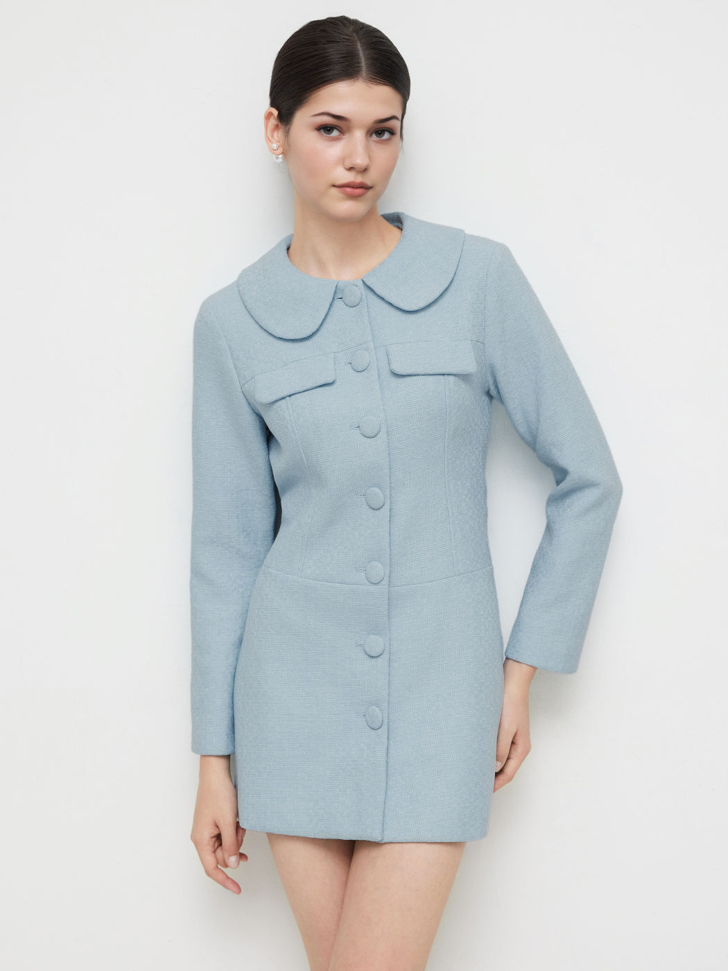 Tweed Collar Solid Button Long Sleeve Mini Dress