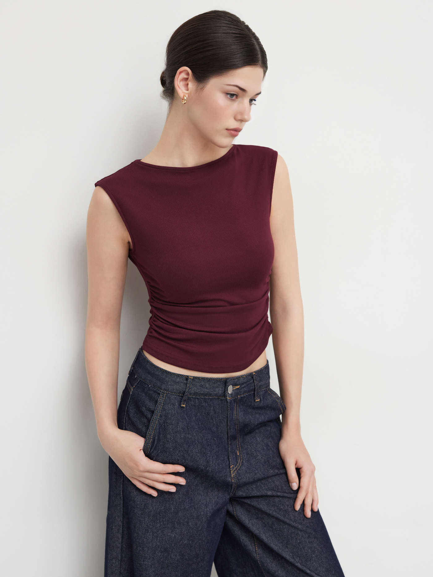 Boat Neck Solid Ruched Tank Top