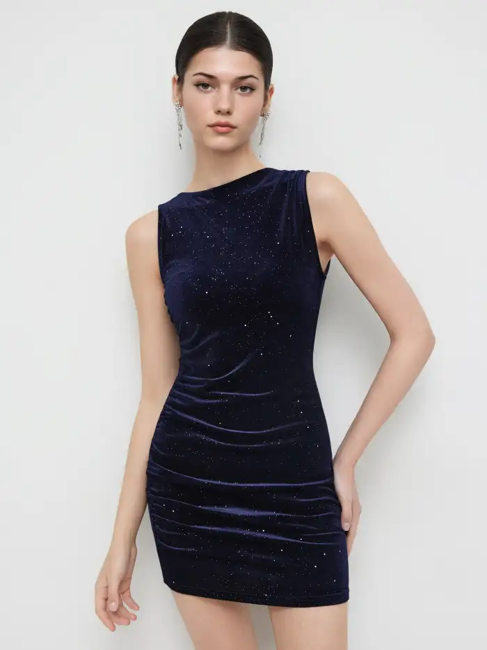 Velvet Velvet Boat Neck Ruched Glitter Mini Dress For Party/Clubbing