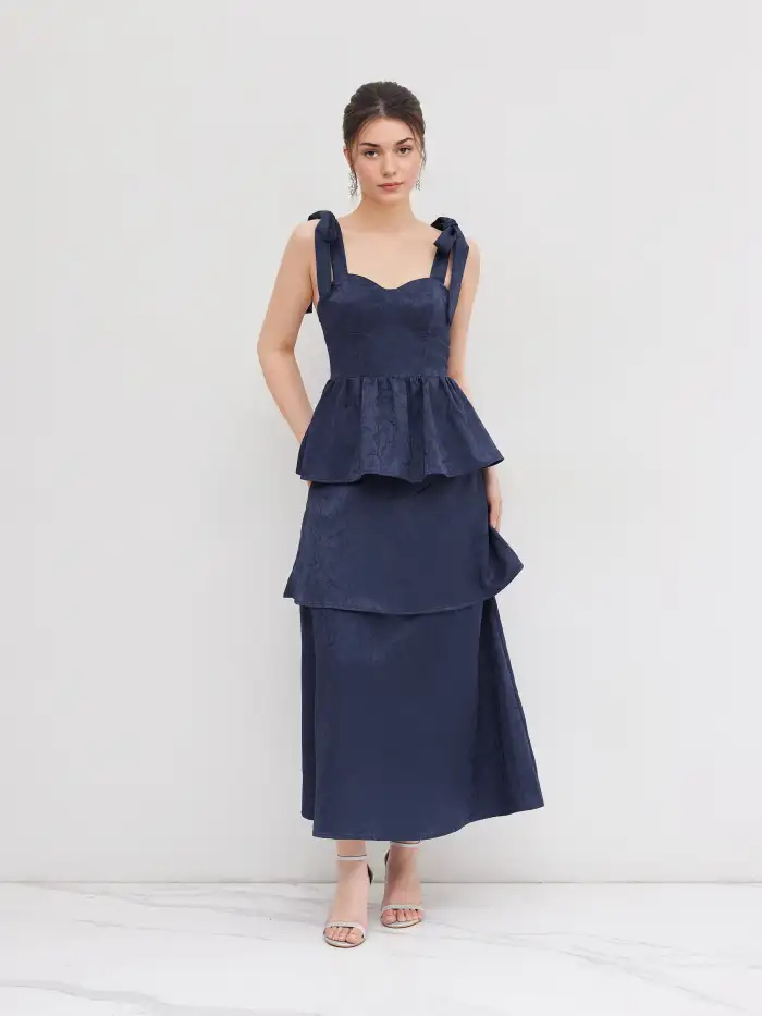 chinese dress ladies Zapaka Women Blush Jacquard Maxi Floral Dress with Bow Boat Neck A Line  Wedding Guest Dress – ZAPAKA main image 0