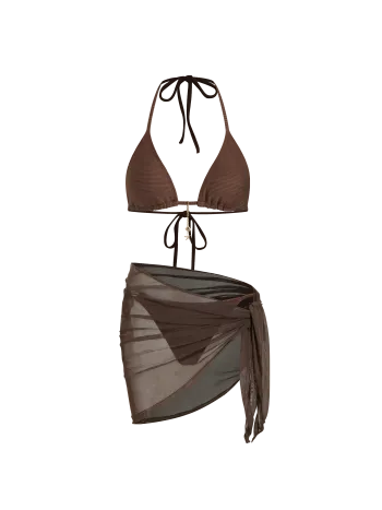 Bikini set con scollo all'americana in tessuto a coste, annodato ai lati e sarong