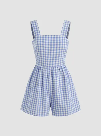 100% Baumwolle Quadratischer Hals Gingham Schleifen-Romper