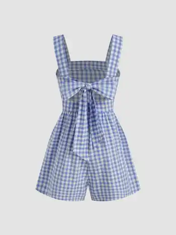 100% Baumwolle Quadratischer Hals Gingham Schleifen-Romper