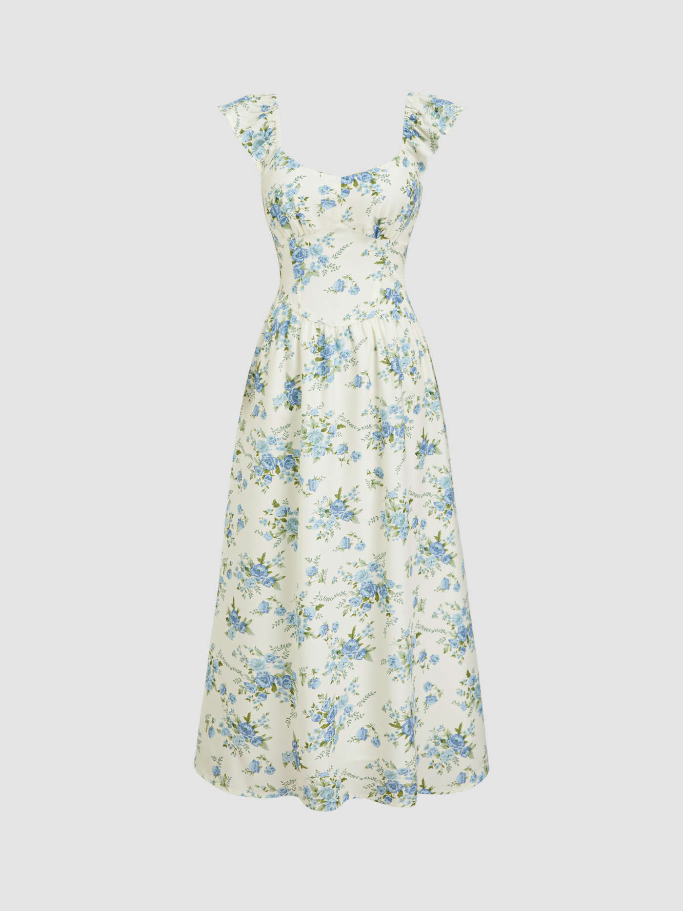 U-neckline Floral Cut Out Lace Up Ruffle Maxi Dress