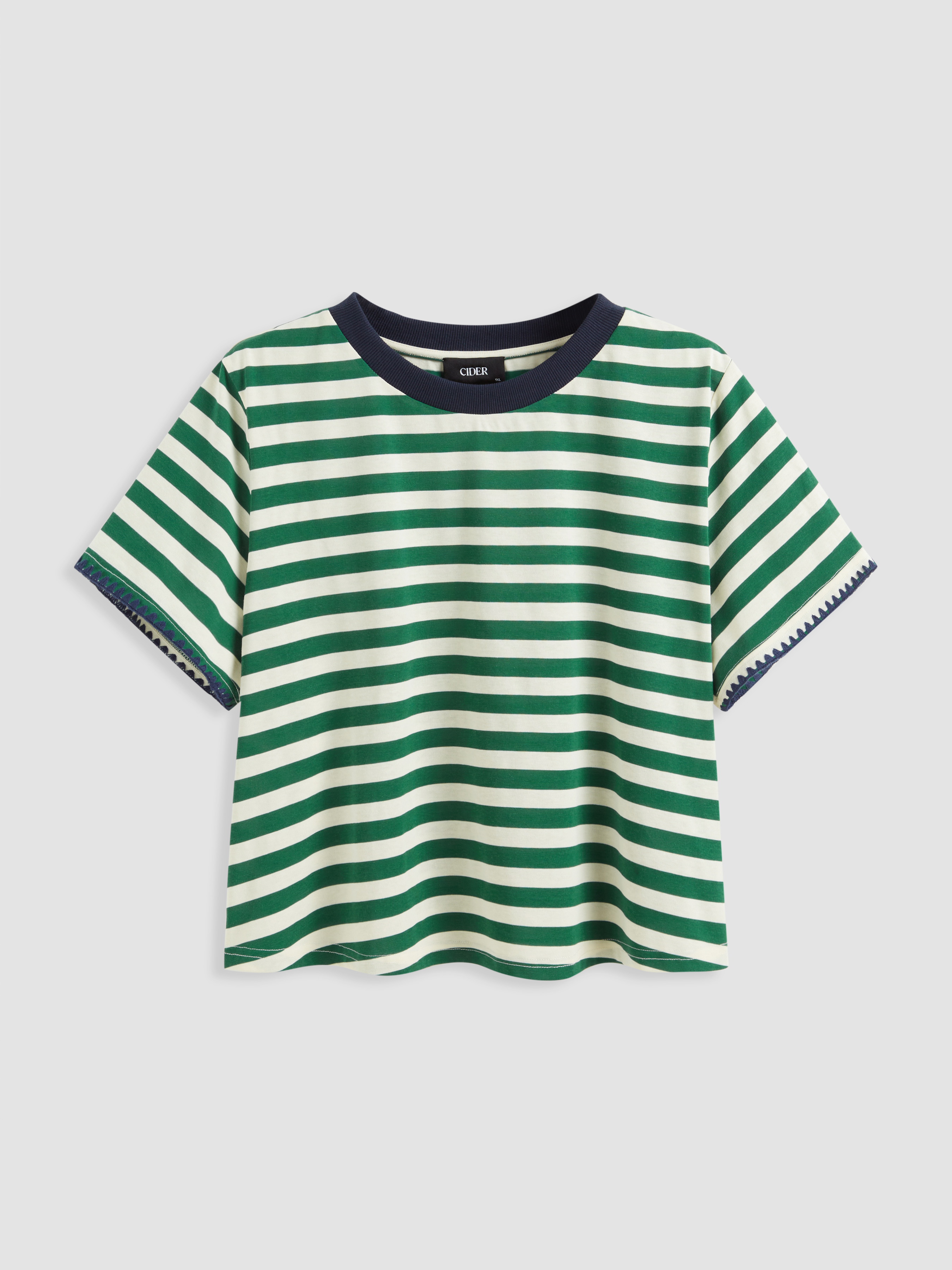 Knit Fabric Knit Collar Stripe Short Sleeve Top Curve & Plus