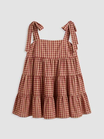 Cotton-blend Gingham Bowknot Tiered Ruffle Mini Dress Curve & Plus