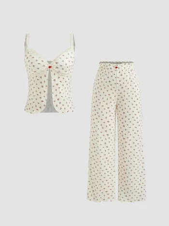 V-Ausschnitt Blumenmuster Spitze-Bordüre Spalt Cami-Oberteil & Mittelhohe Weite Beine Hose Lounge-Set