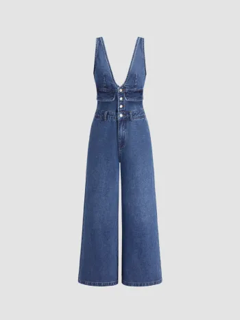 Cider Denim V-Ausschnitt Knopf Tasche Breitbeiniger Overalls