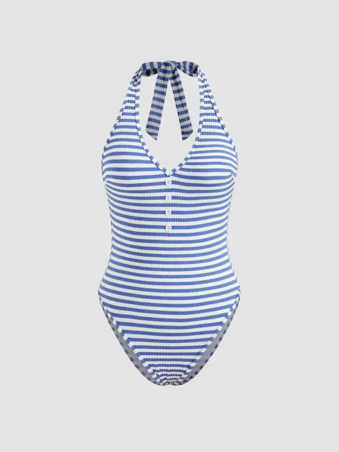 Knit Fabric Shaping V-neck Stripe Button One Piece Swimsuit For