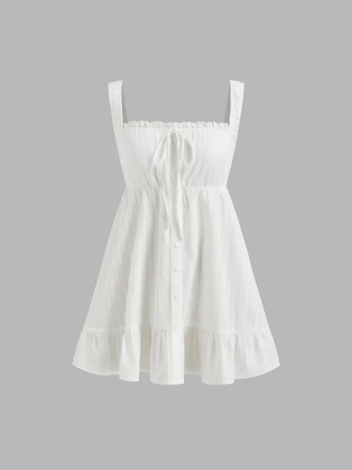 Square Neck Solid Knotted Shirred Short Sleeve Blouse
