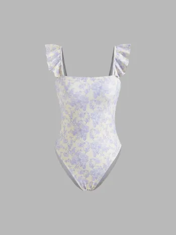 Costume da bagno intero con scollo quadrato a fiori e bordi a lattuga