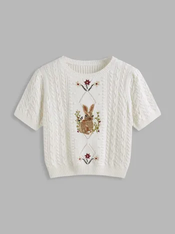 Cable Knit Round Neckline Rabbit Embroidery Crop Top Curve & Plus