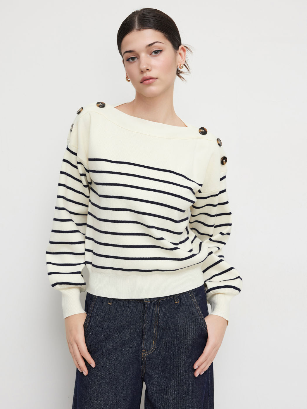 Knit Boat Neck Striped Button Long Sleeve Top