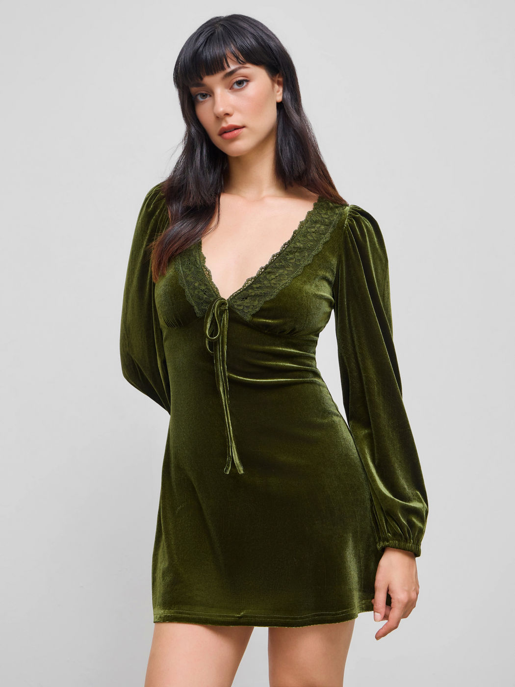 Velvet V-neck Solid Lace Trim Knotted Mini Dress