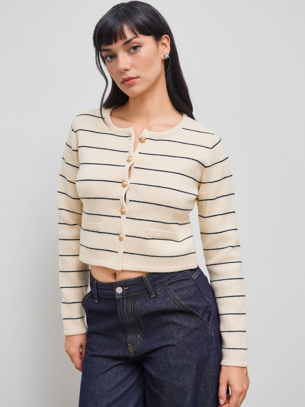 Knit Round Neckline Stripe Button Cardigan
