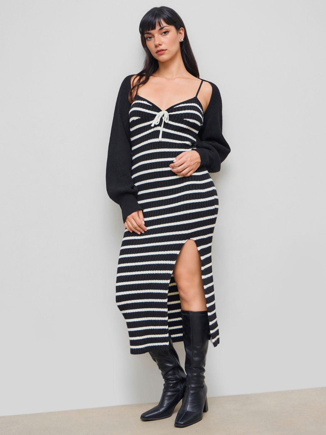 Knit Sweetheart Striped Split Maxi Dress & Long Sleeve Shrug Set