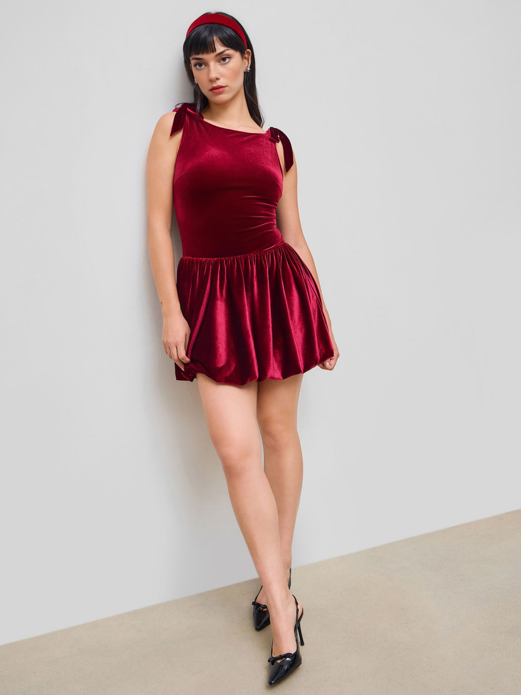 Velvet Boat Neck Bubble Hem Bowknot Mini Dress