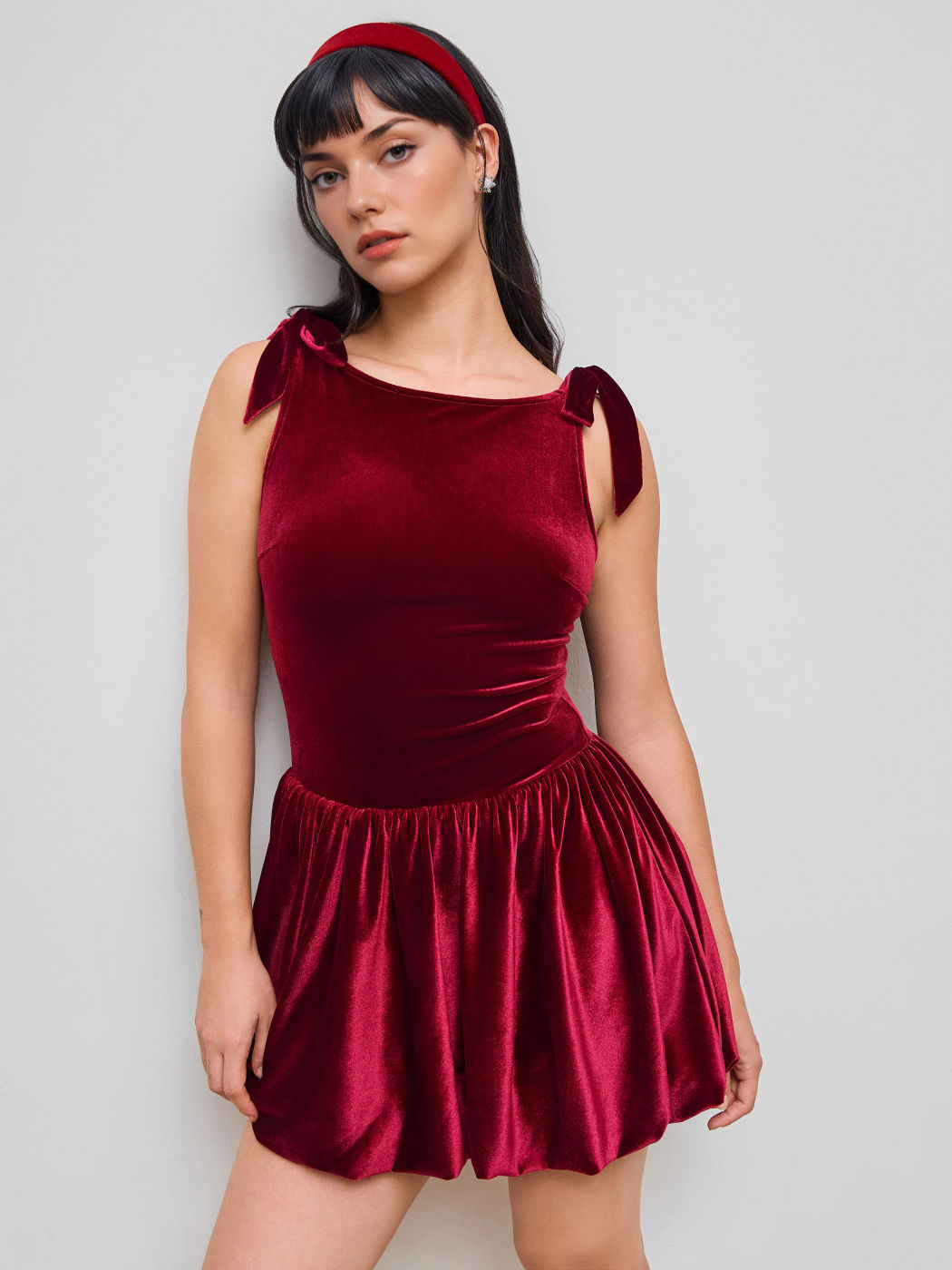 Velvet Boat Neck Bubble Hem Bowknot Mini Dress