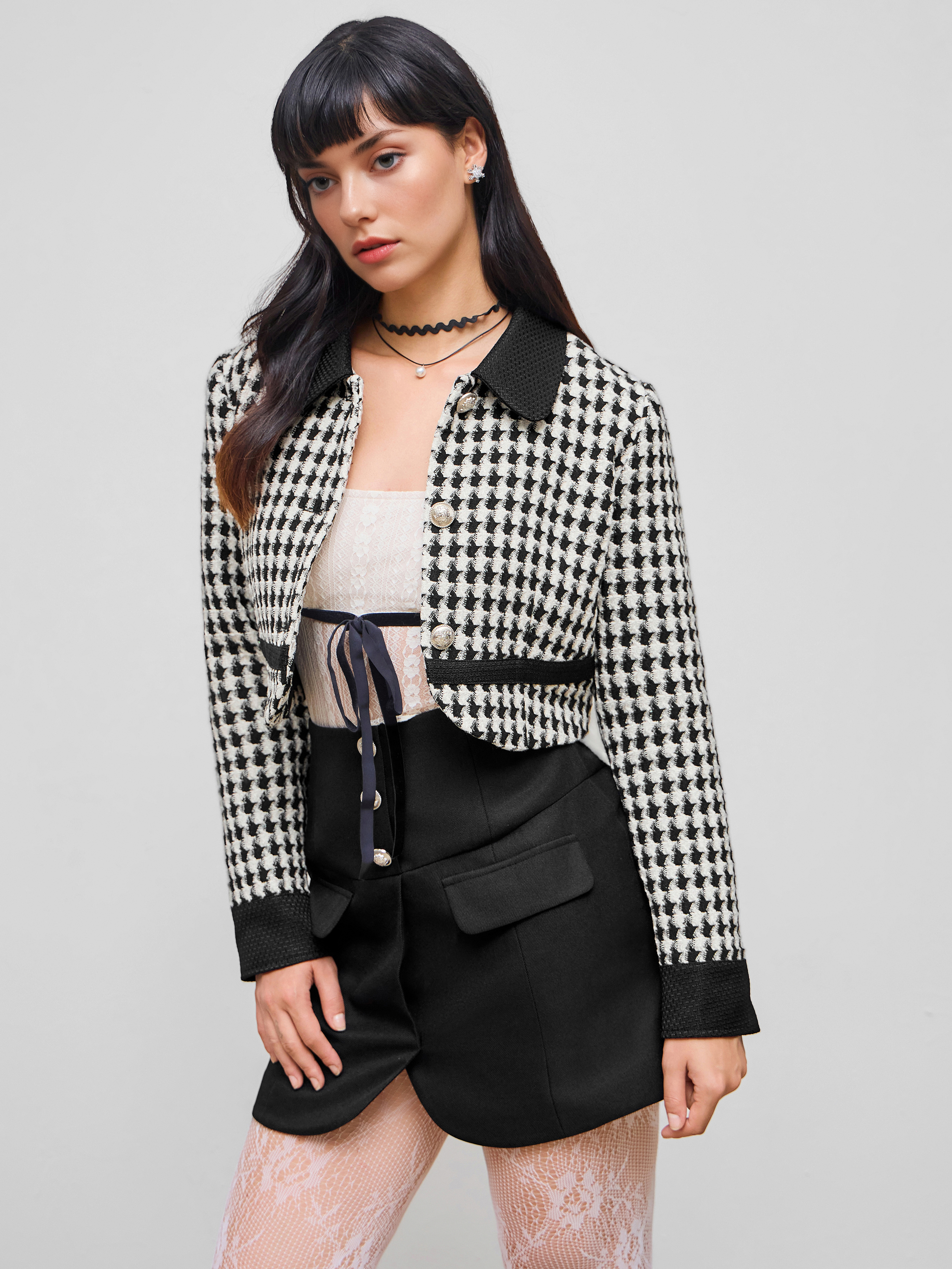 Woven Houndstooth Contrast Cropped Jacket For Daily Casual