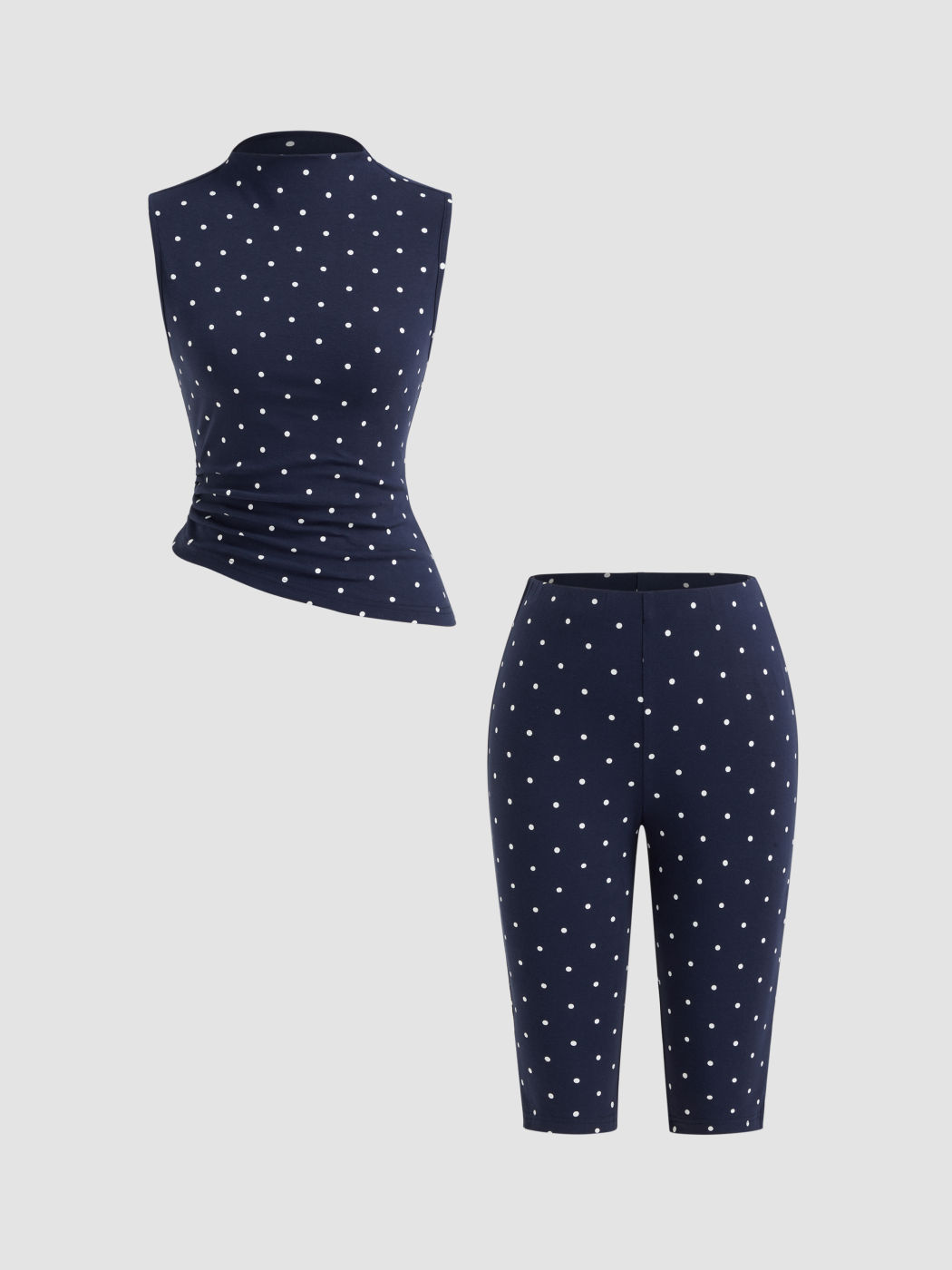 Cotton-blend High Neck Polka Dot Asymmetrical Hem Top & Mid Rise Leggings Set
