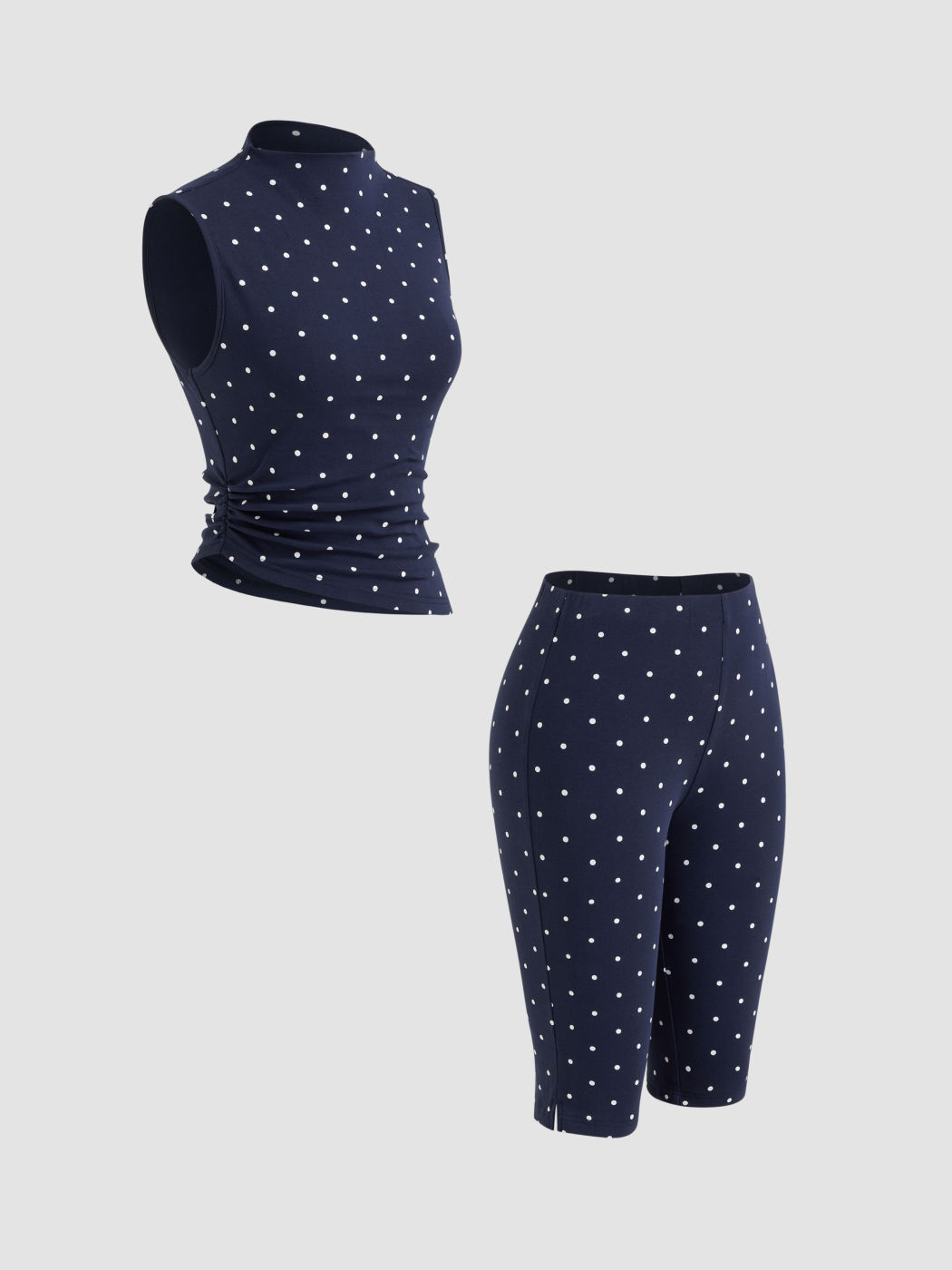 Cotton-blend High Neck Polka Dot Asymmetrical Hem Top & Mid Rise Leggings Set