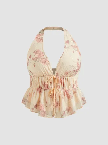 Halterhals Floral Gebundene Stricktanktop Kurve & Plus